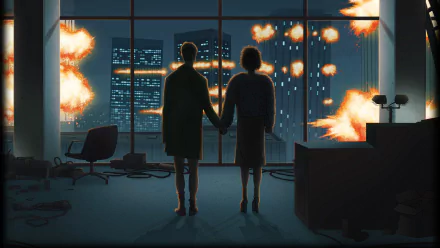 HD PC desktop wallpaper featuring an animated scene from the movie Fight Club, showing two characters holding hands while explosions light up the cityscape outside a high-rise window.