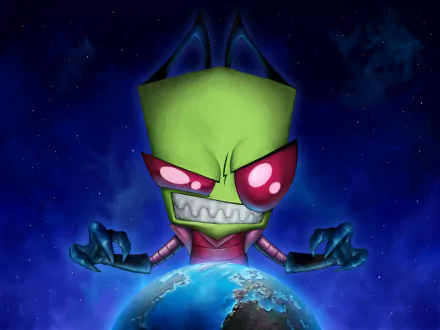 A vibrant HD desktop wallpaper featuring Zim from the TV show Invader Zim, showcasing his mischievous character looming over Earth against a starry background.