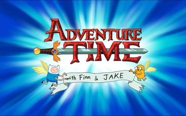 Colorful HD wallpaper featuring the logo of Adventure Time with Finn and Jake, set against a vibrant blue background bursting with energy.