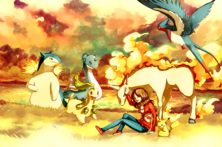 A vibrant anime scene featuring a character with brown hair and red eyes, surrounded by Pokémon including Typhlosion, Lapras, Rapidash, Pikachu, Swellow, and Bayleef against a colorful sky.