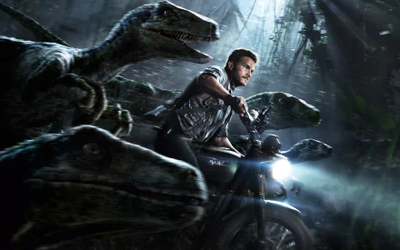 Chris Pratt rides a motorcycle through a dark, jungle setting, accompanied by several velociraptors in a scene from the movie Jurassic World. This HD desktop wallpaper captures an intense, thrilling moment.