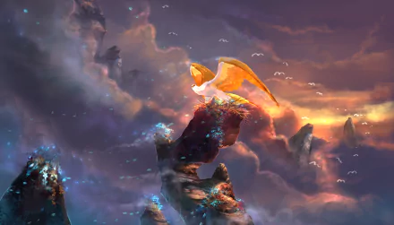 Fantasy scene of a radiant bird perched atop a rocky spire amid glowing clouds at sunset — 2K Quad HD PC Desktop Wallpaper and Background.