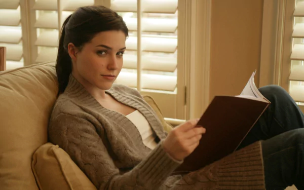 HD desktop wallpaper: woman reclining on a couch reading a book in a sunlit room with plantation shutters, wearing a cozy sweater.