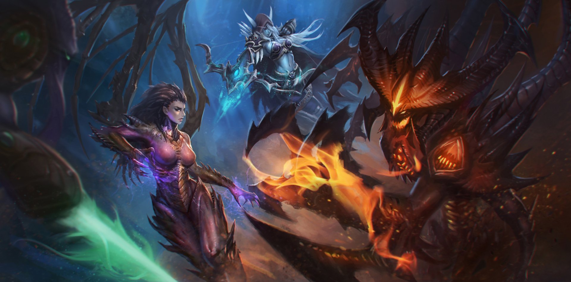 Heroes of the Storm 2K Quad HD PC desktop wallpaper: three champions clash — a purple sorceress, an ice-armored knight and a flame demon dueling in a stormy, shadowed battlefield.