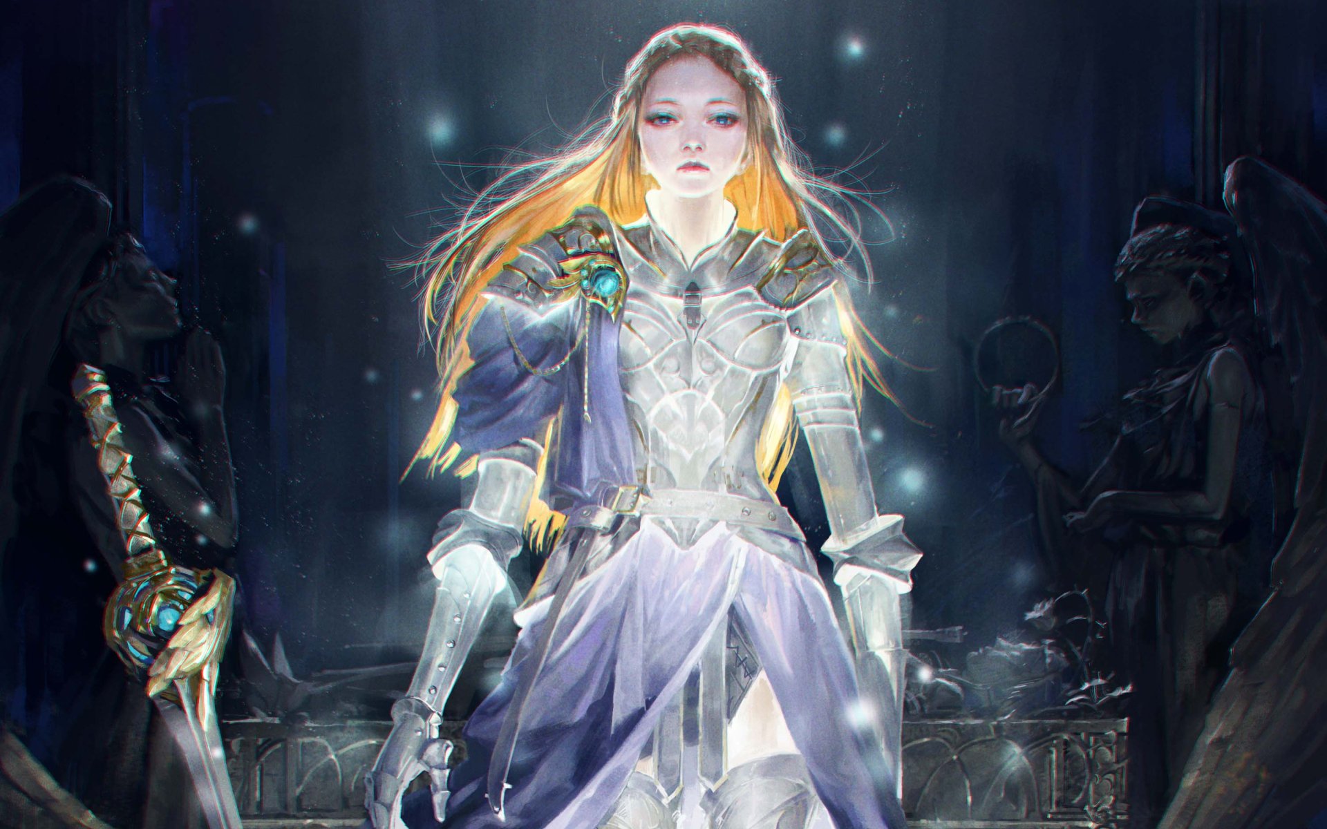 Fantasy woman warrior in glowing armor, sword raised in a shadowed throne room — 2K Quad HD PC desktop wallpaper and background.