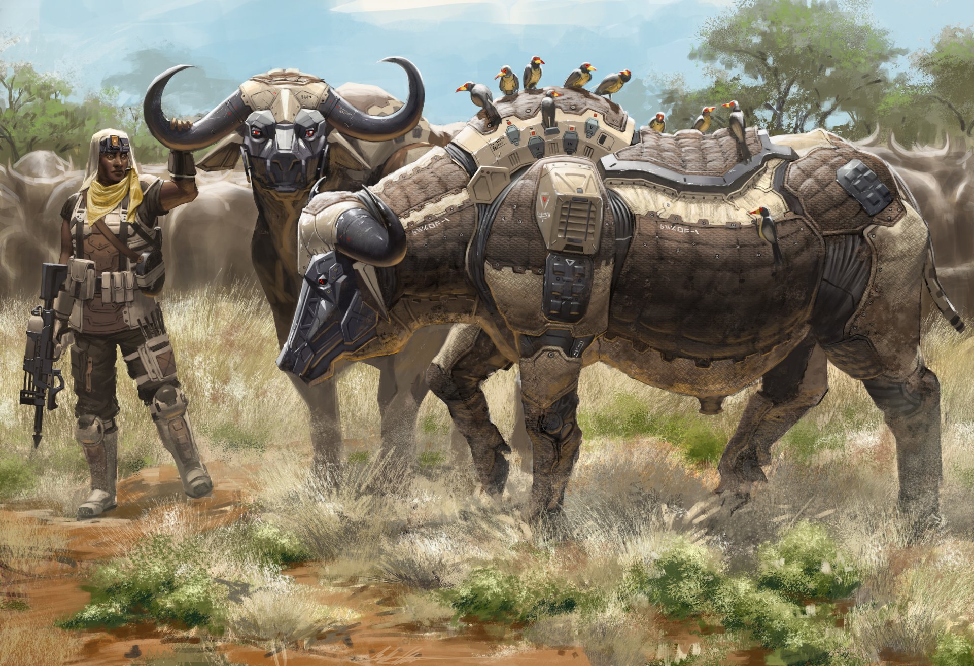 A sci-fi scene featuring a robotic bull and a soldier in a vibrant landscape, showcasing advanced technology and nature in a stunning 4K Ultra HD wallpaper.