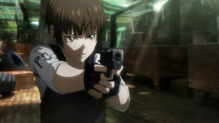 HD PC desktop wallpaper from the Psycho-Pass Movie anime, featuring a focused character aiming a gun in a tense, dimly lit environment.