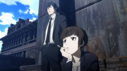 Anime HD PC desktop wallpaper featuring characters from Psycho-Pass Movie against an industrial urban backdrop under a partly cloudy sky.
