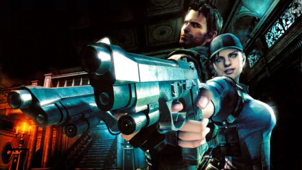 HD PC desktop wallpaper from the video game Resident Evil 5, showing two armed protagonists aiming handguns in a dim, ornate corridor.