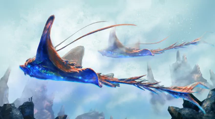 A 4K Ultra HD fantasy wallpaper depicting vibrant, flying creatures gliding majestically through a misty, ethereal sky over a rocky landscape.