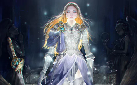 Fantasy woman warrior in glowing armor, sword raised in a shadowed throne room — 2K Quad HD PC desktop wallpaper and background.