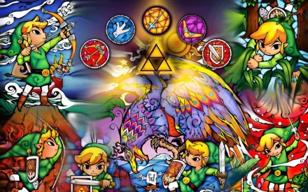 A vibrant HD wallpaper featuring characters and elements from The Legend of Zelda: The Wind Waker, showcasing action, adventure, and iconic symbols in a colorful design.