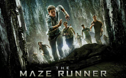 HD PC desktop wallpaper featuring a dramatic scene from the movie The Maze Runner with characters running through a dense, towering maze.