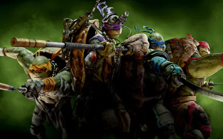 HD desktop wallpaper featuring the Teenage Mutant Ninja Turtles from the 2014 movie, posed ready for action against a dark green background.