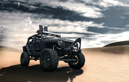 HD desktop wallpaper featuring a rugged Jeep on a sandy desert terrain under a dramatic cloudy sky.