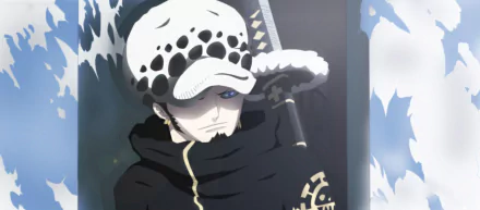 HD desktop wallpaper featuring Trafalgar Law from the anime One Piece, with a snowy background and Law dressed in his distinctive outfit and hat.
