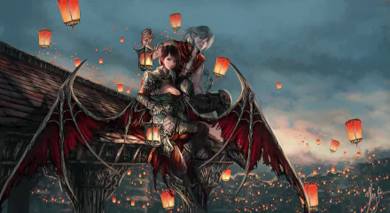 Fantasy-themed HD PC desktop wallpaper depicting a demon with red wings and two characters holding lanterns, surrounded by floating lanterns against a moody sky.