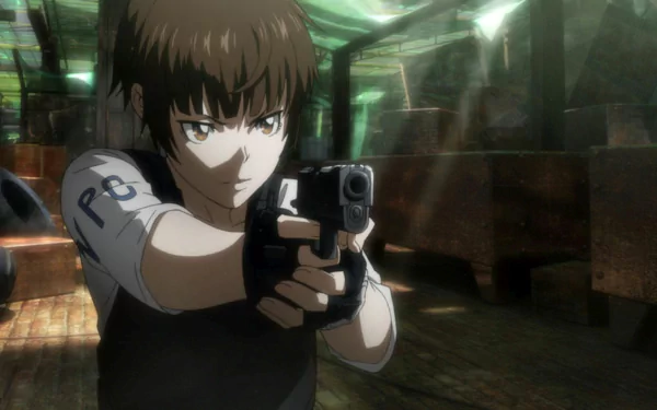 HD PC desktop wallpaper from the Psycho-Pass Movie anime, featuring a focused character aiming a gun in a tense, dimly lit environment.