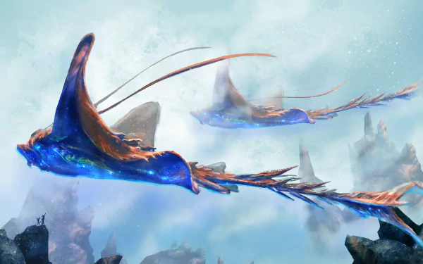 A 4K Ultra HD fantasy wallpaper depicting vibrant, flying creatures gliding majestically through a misty, ethereal sky over a rocky landscape.