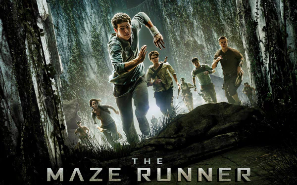 HD PC desktop wallpaper featuring a dramatic scene from the movie The Maze Runner with characters running through a dense, towering maze.