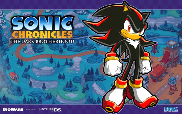 HD PC desktop wallpaper featuring Shadow the Hedgehog from the video game Sonic Chronicles: The Dark Brotherhood with a detailed game world background.