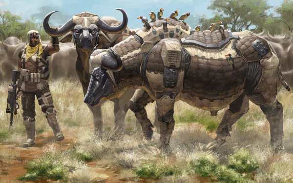 A sci-fi scene featuring a robotic bull and a soldier in a vibrant landscape, showcasing advanced technology and nature in a stunning 4K Ultra HD wallpaper.