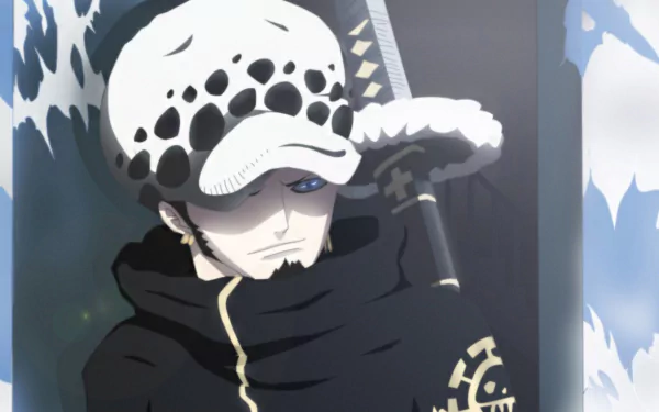 HD desktop wallpaper featuring Trafalgar Law from the anime One Piece, with a snowy background and Law dressed in his distinctive outfit and hat.