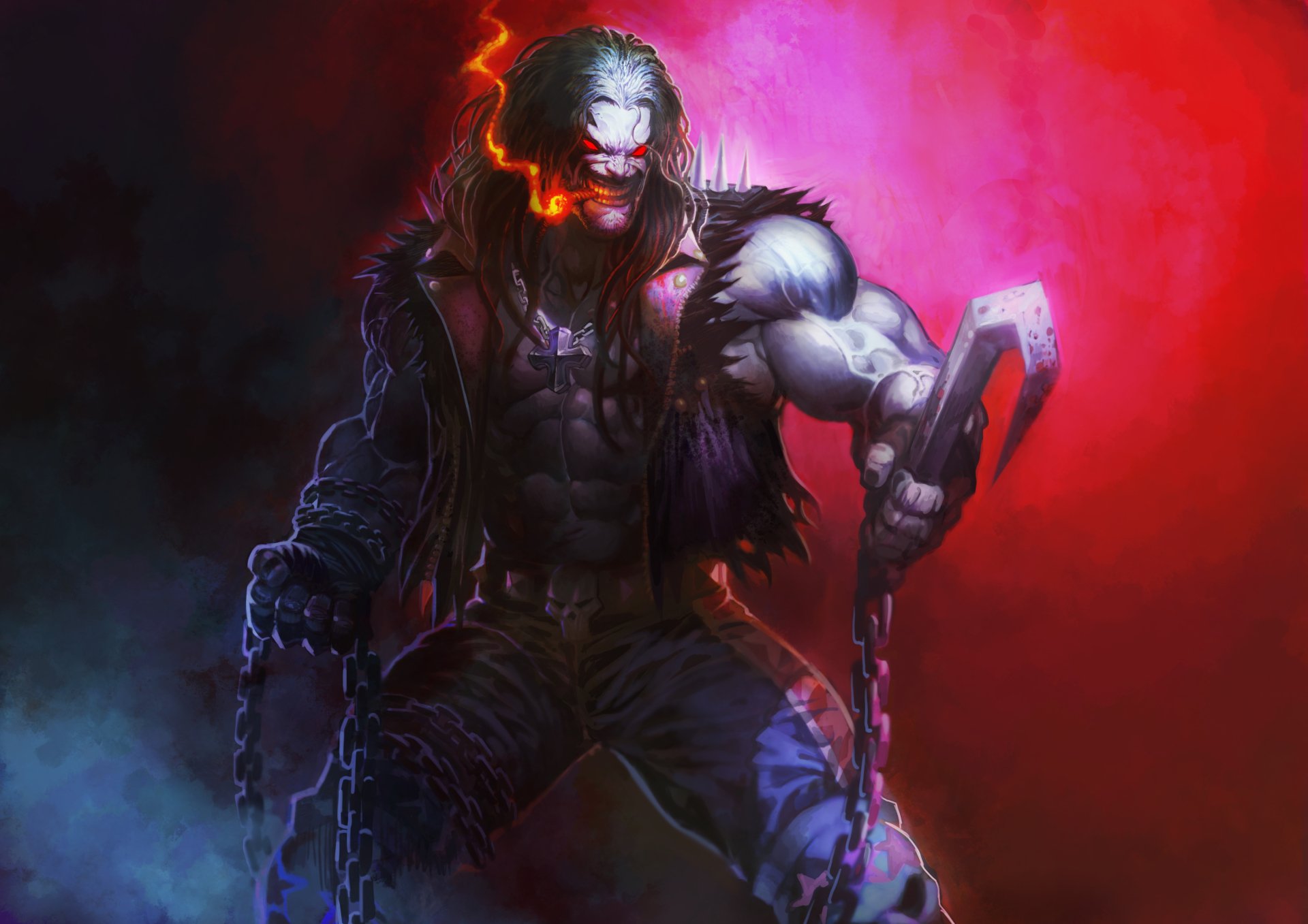 4K Ultra HD PC desktop wallpaper of a fierce fantasy warrior: hulking, chained berserker with a glowing eye and massive axe, fur cloak against a dramatic red and blue smoky background.