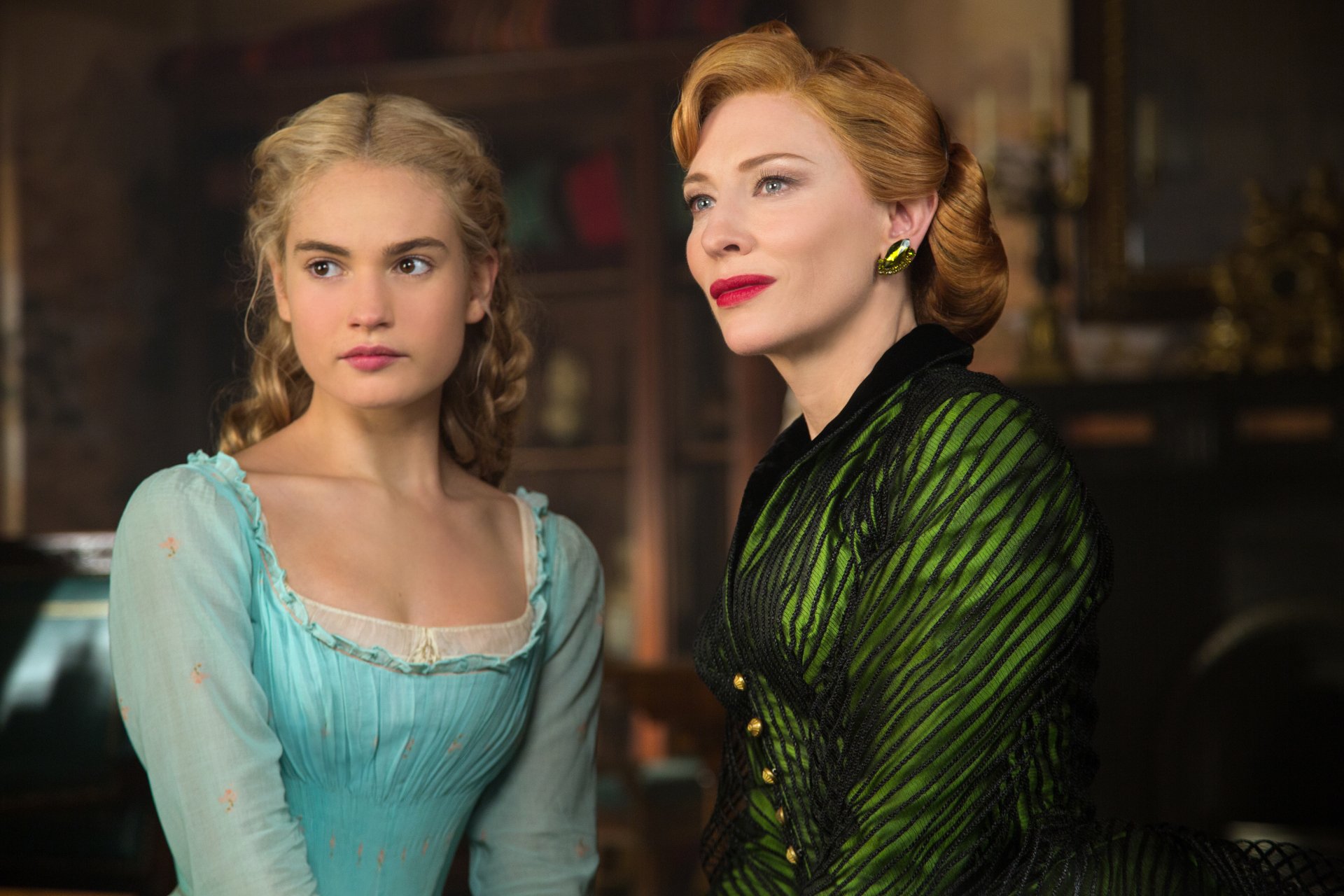 Cate Blanchett and Lily James in a scene from the 2015 movie Cinderella, captured in 4K Ultra HD for a PC desktop wallpaper and background.