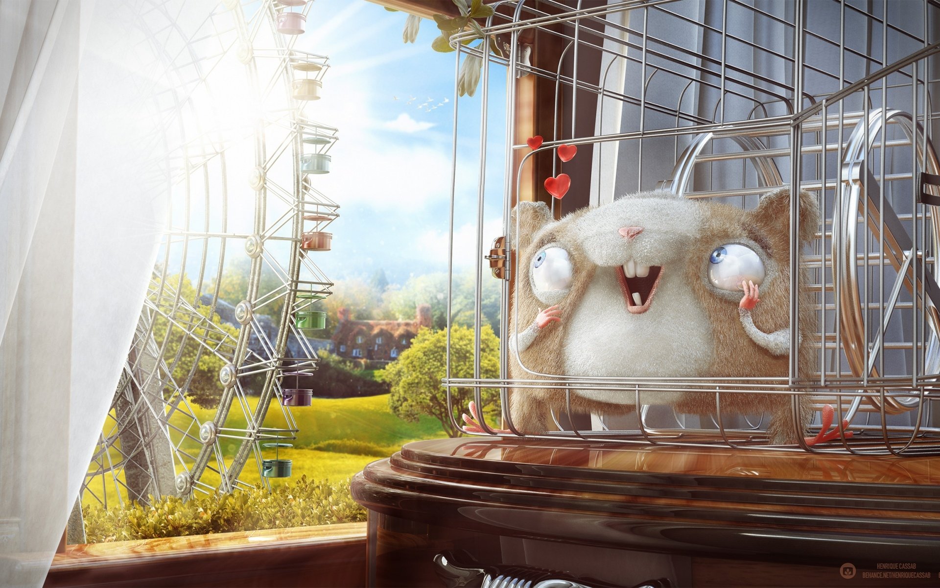 HD PC desktop wallpaper/background: fluffy animal (hamster) peeks from a small cage on a sunny windowsill, with a Ferris wheel and green park visible outside.