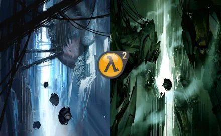 HD PC desktop wallpaper featuring a dramatic Half-Life 2 scene with contrasting blue and green environments and the iconic Lambda logo at the center.