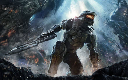 HD desktop wallpaper featuring Master Chief from the video game Halo 4. The powerful scene showcases the iconic character in action with a futuristic and dramatic background.
