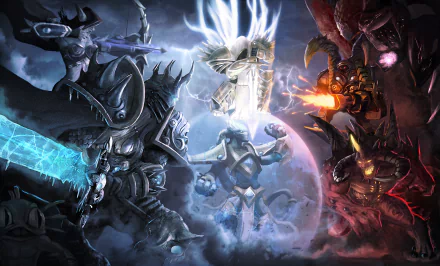 Video game Heroes of the Storm 2K Quad HD PC wallpaper: epic clash of armored, angelic and demonic heroes converging amid swirling ice and fire.
