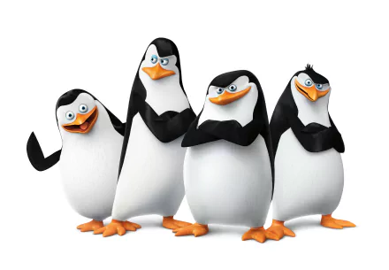 Four animated penguins from Penguins of Madagascar stand together confidently, showcasing their playful personalities in this vibrant 4K Ultra HD wallpaper.