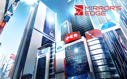 Mirror's Edge video game 2K Quad HD PC desktop wallpaper and background: bright, futuristic city skyline with glass skyscrapers, red accents and the Mirror's Edge logo.