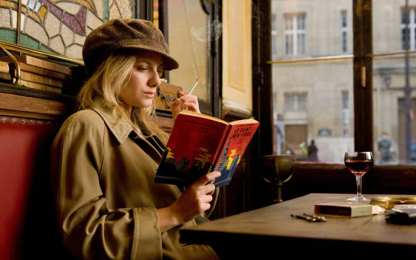 HD PC desktop wallpaper featuring Melanie Laurent from the movie Inglourious Basterds, showing her reading a book and smoking in a vintage café setting.