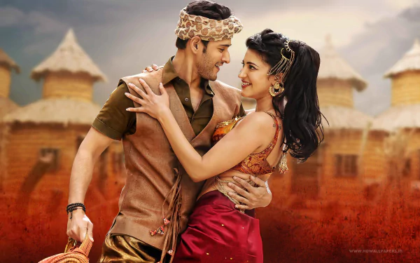 A vibrant HD wallpaper featuring Shruti Haasan and Mahesh Babu from the movie Srimanthudu, capturing a romantic moment against a rustic backdrop.