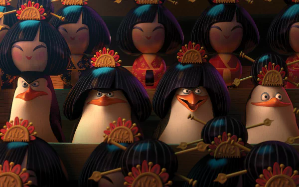 4K Ultra HD PC desktop wallpaper featuring characters from the movie Penguins of Madagascar dressed in traditional attire with bright headpieces.