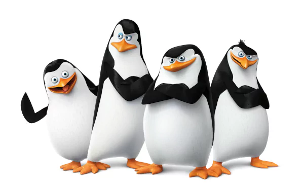 Four animated penguins from Penguins of Madagascar stand together confidently, showcasing their playful personalities in this vibrant 4K Ultra HD wallpaper.