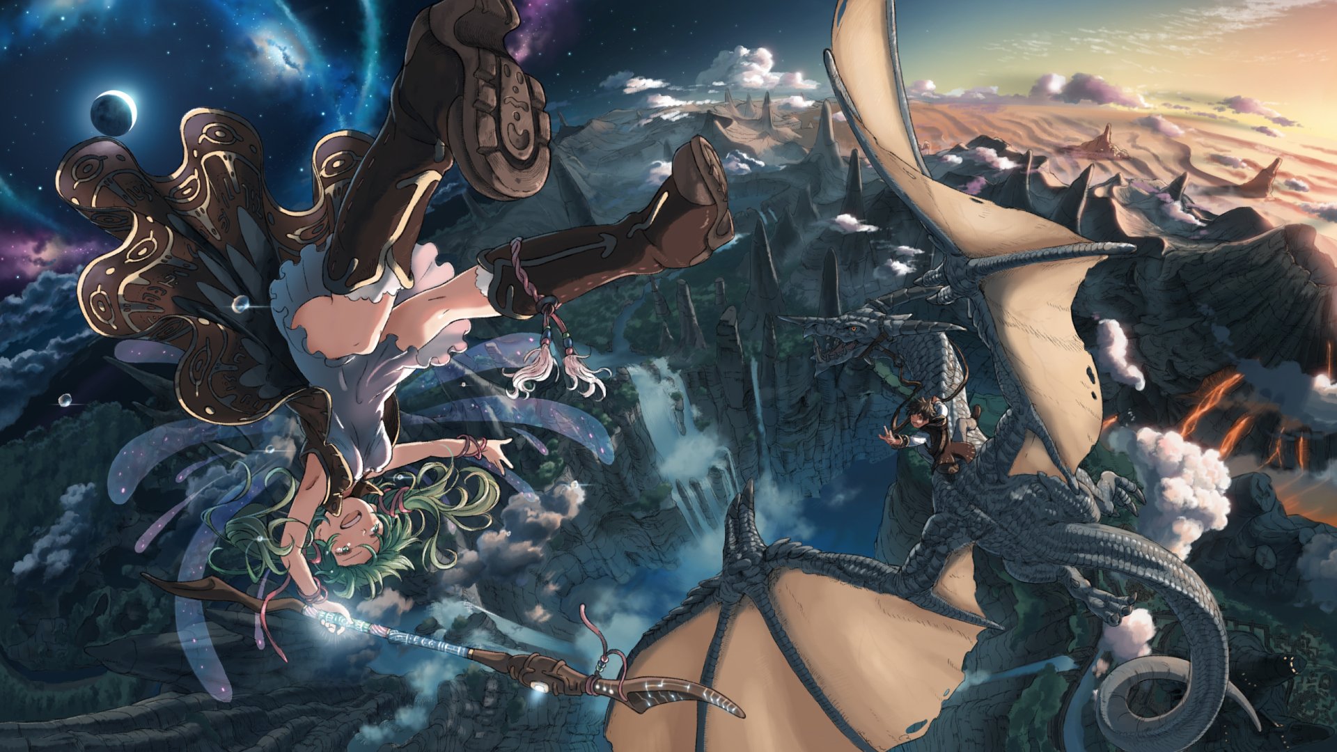 A fantasy anime HD desktop wallpaper featuring Vocaloid character GUMI surrounded by dragons flying over a dramatic, otherworldly landscape.