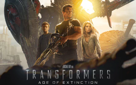 A dynamic HD wallpaper from Transformers: Age of Extinction, featuring Jack Reynor, Mark Wahlberg, and Nicola Peltz amidst an action-packed backdrop.
