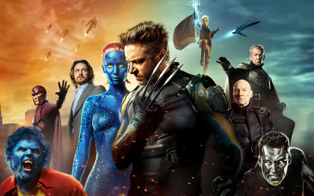 2K X-Men: Days of Future Past wallpaper — Wolverine front and center with Mystique, Beast, Colossus, Storm, Professor X and Erik Lehnsherr/Magneto in a dramatic group pose.