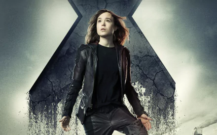 HD desktop wallpaper featuring Ellen Page as Kitty Pryde from the movie X-Men: Days of Future Past, with a dramatic X-Men insignia backdrop.