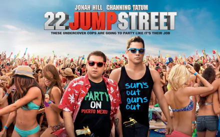HD PC desktop wallpaper: 22 Jump Street movie poster showing two men in sunglasses at a crowded beach party with the bold film title above.