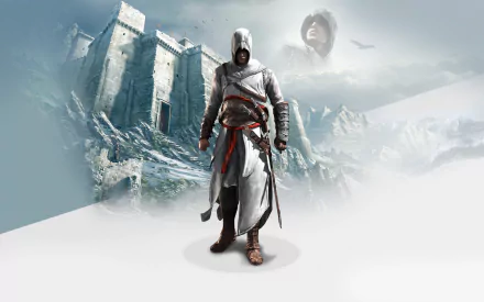 HD PC desktop wallpaper featuring Altaïr Ibn-La'Ahad from the video game Assassin's Creed, set against a cloudy backdrop with a fortress and a large hooded figure.