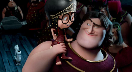 4K Ultra HD PC desktop wallpaper and background from the movie Mr. Peabody & Sherman: Sherman in a helmet and glasses perches on a smiling armored man's shoulder amid a crowded, dimly lit scene.