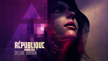 HD PC desktop wallpaper and background for the video game République — dramatic close-up of a woman's face with purple glitchy geometric overlays and the République Remastered Deluxe Edition logo.
