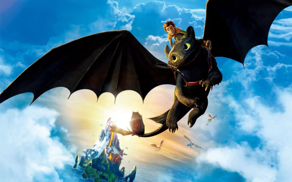 Hiccup and Toothless soar through a vibrant sky, showcasing a stunning moment from How to Train Your Dragon 2, set against a breathtaking backdrop of mountains and clouds.