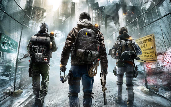 A trio of characters from Tom Clancy's The Division navigates a desolate urban landscape, showcasing the game's atmospheric intensity in this stunning HD wallpaper.