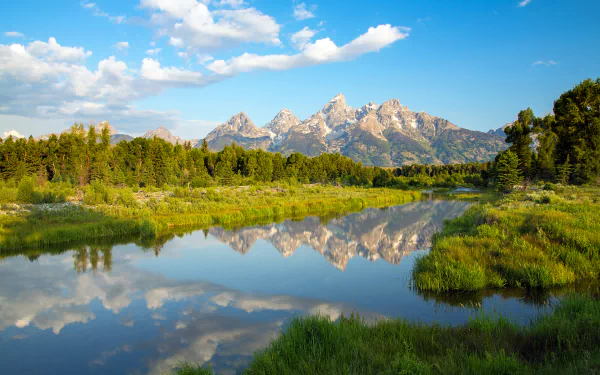 HD desktop wallpaper showcasing a serene lake in Grand Teton National Park, Wyoming, with mountain peaks and lush greenery reflected in the calm water under a bright blue sky.